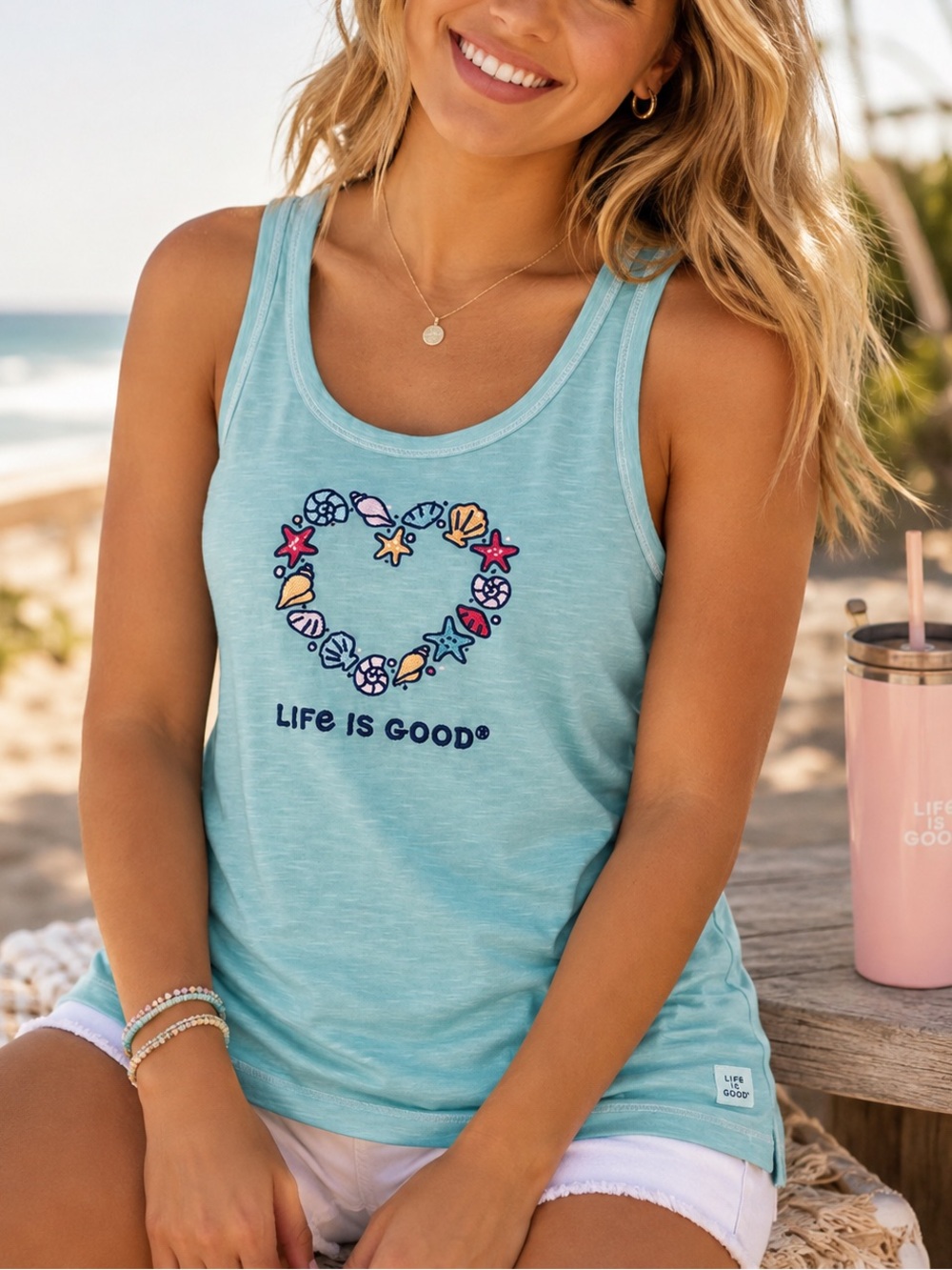 NWT Life is Good Women’s Aqua Seashell Heart Beach Sleep Tank Large